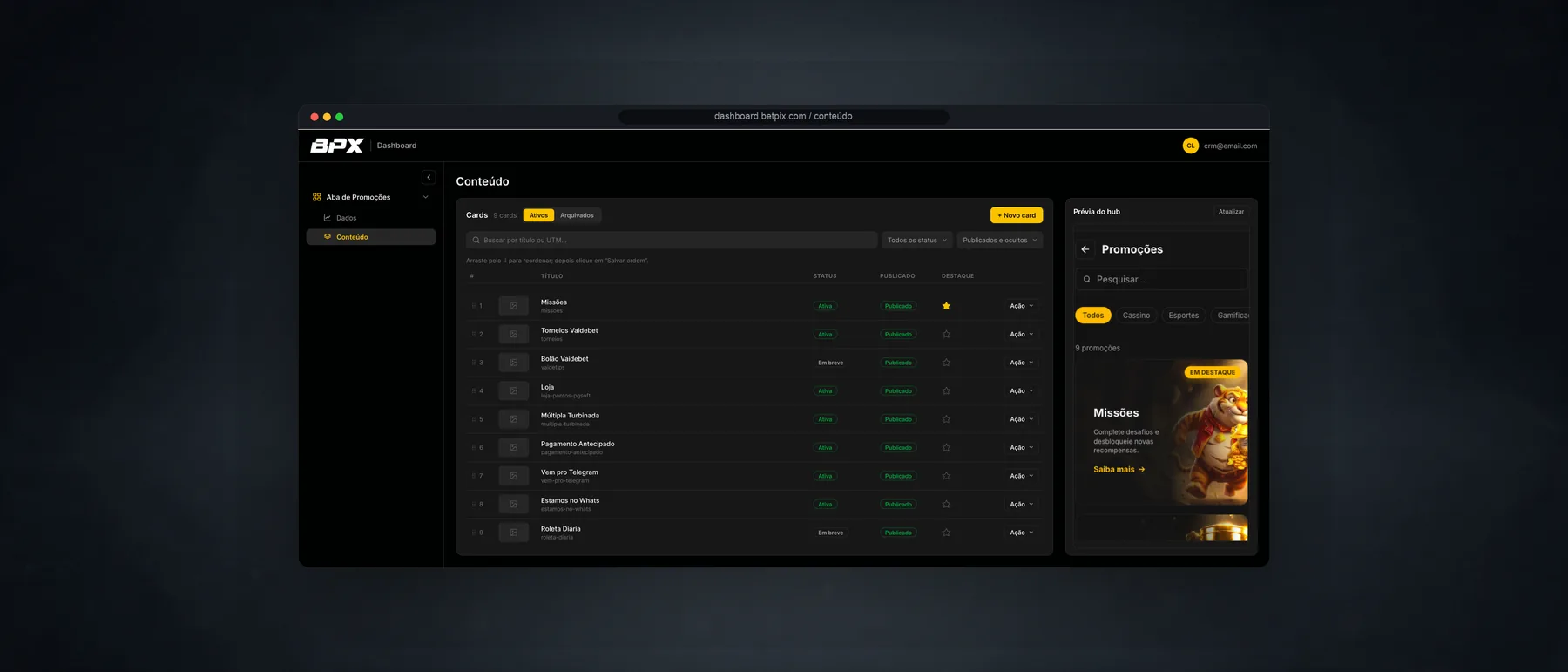 CMS com a lista de cards e a prévia do hub
