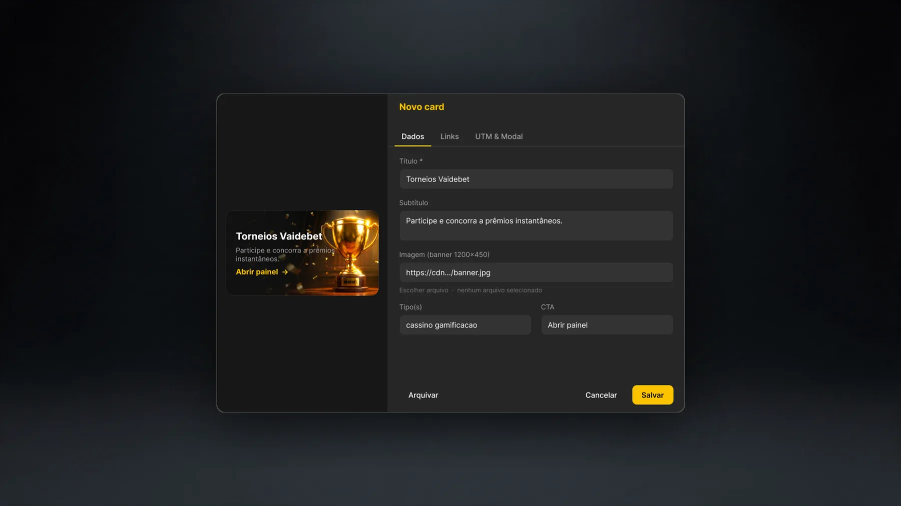 Editor de card com as abas Dados, Links e UTM & Modal