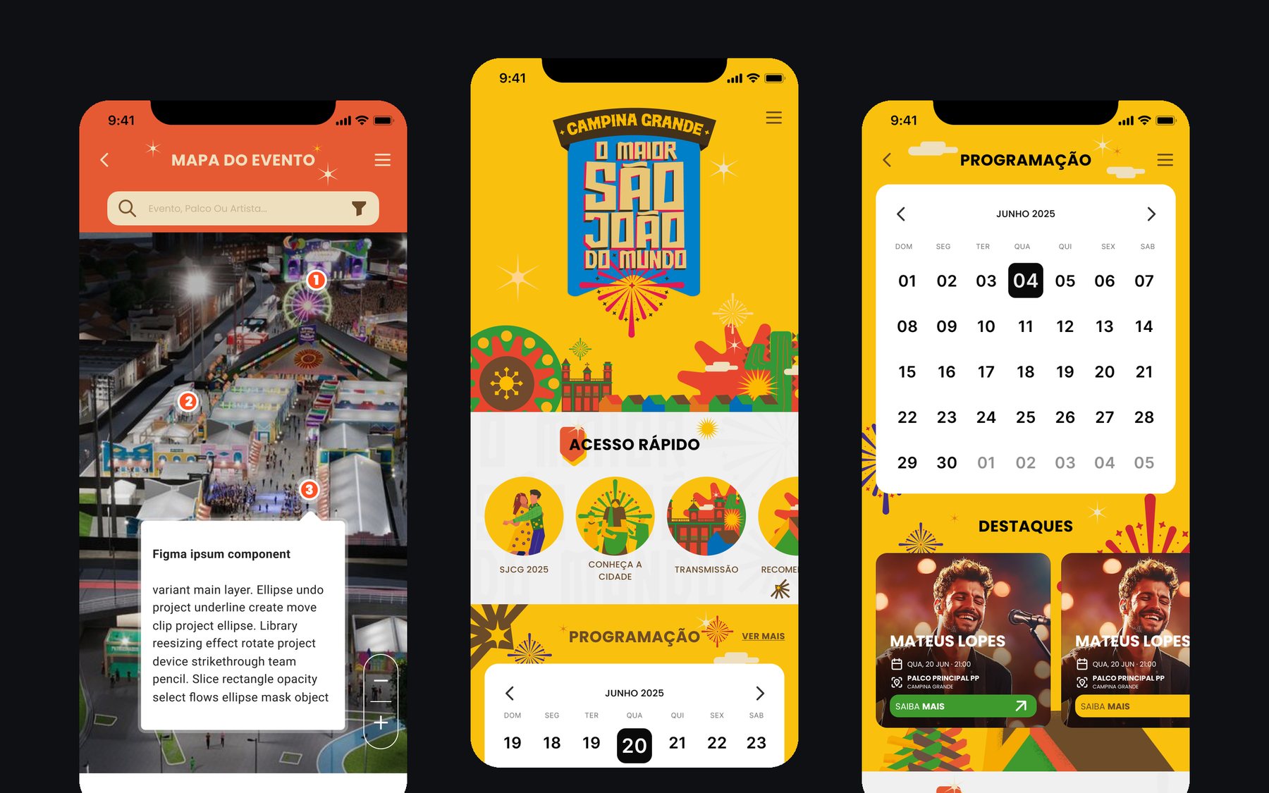 Três telas do app: mapa, home e programação